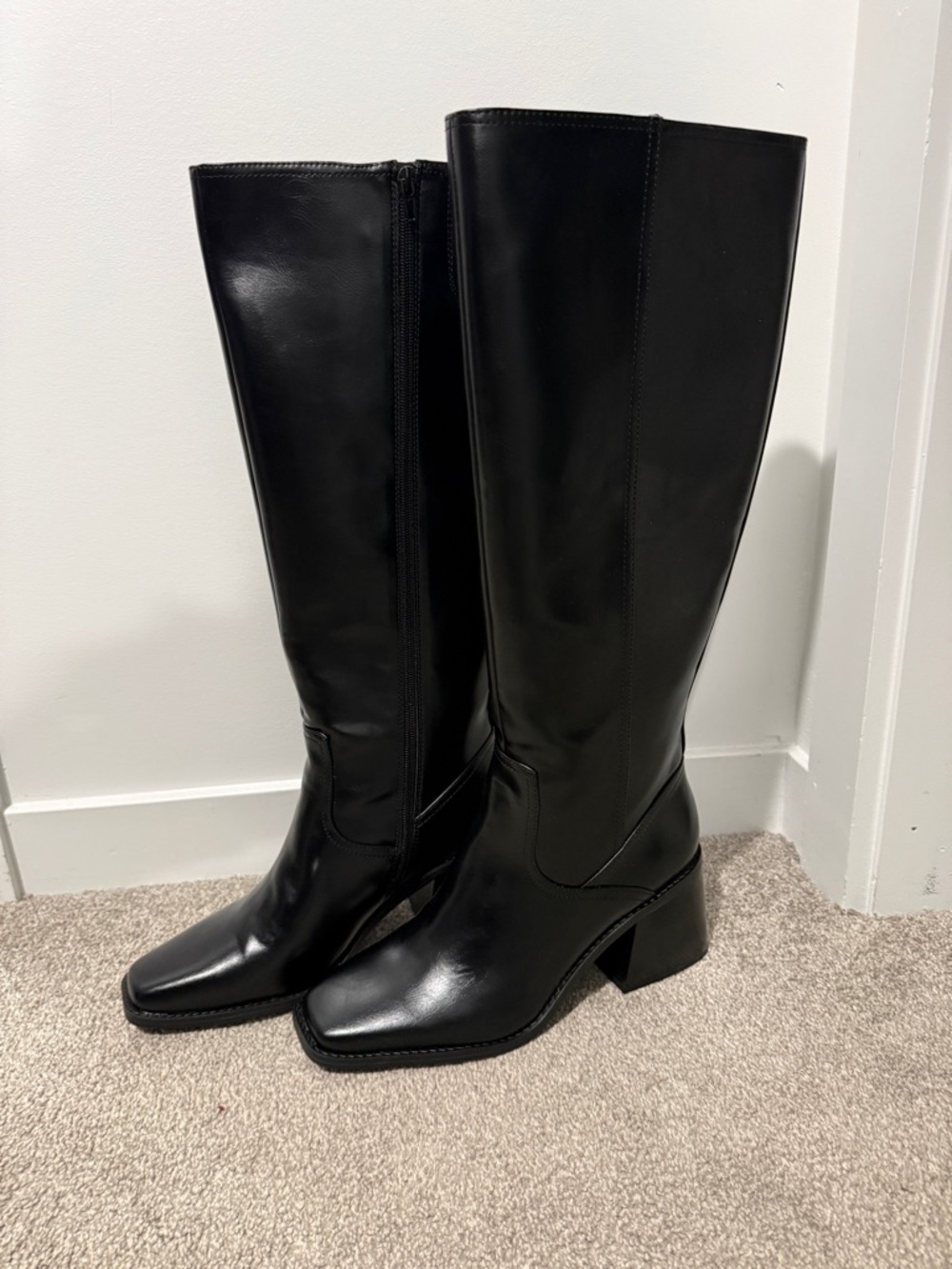 Kelly & Katie Black Knee-High Leather Block Heel Boots